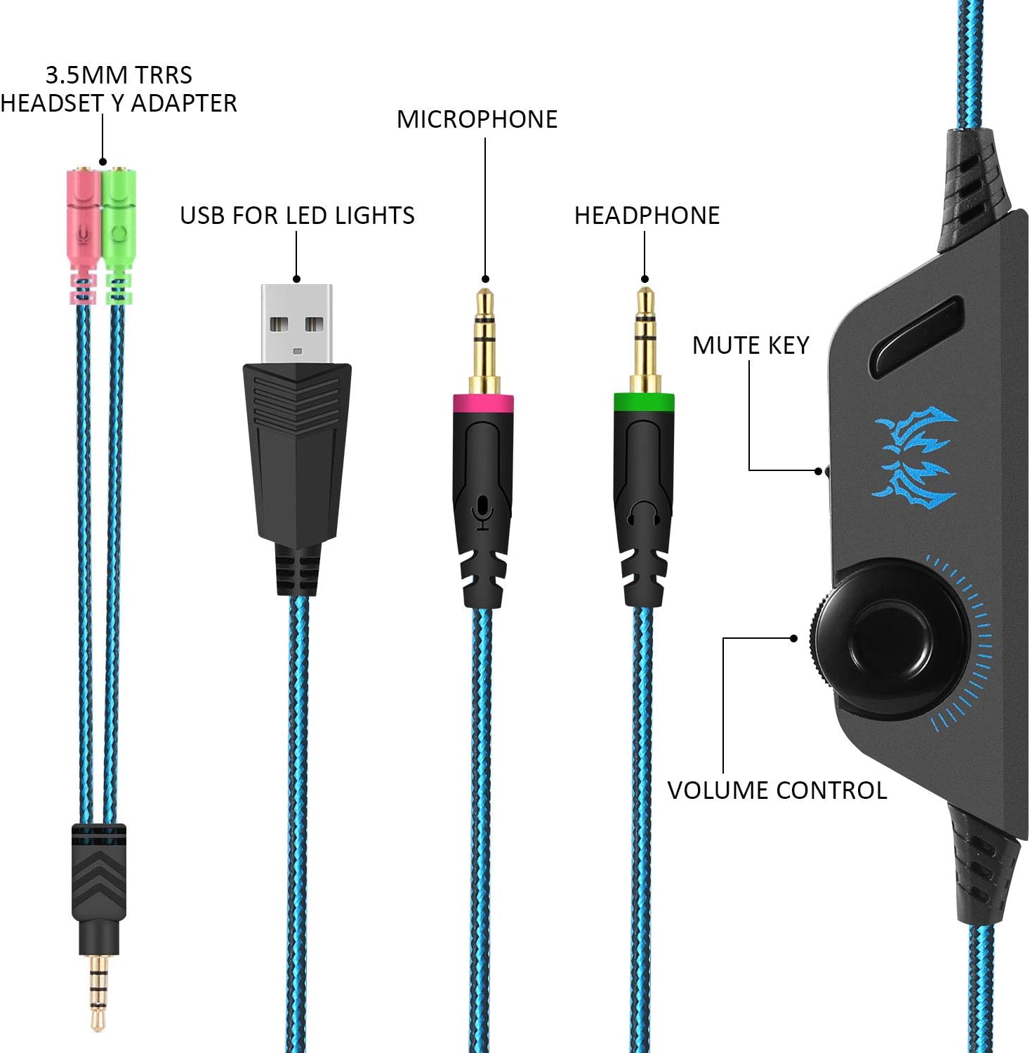 Gaming Headset with Mic for PC,PS4,Xbox One,Over-Ear Headphones with Volume Control LED Light Cool Style Stereo,Noise Reduction for Laptops,Smartphone,Computer (Black & Blue): Computers & Accessories