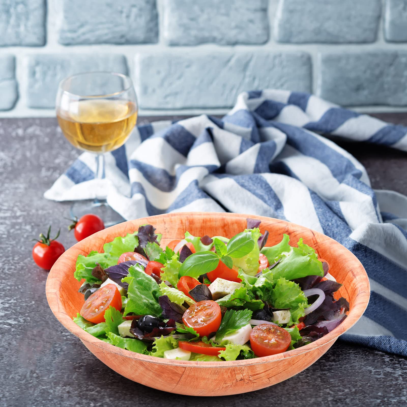 Elsjoy 6 Pack 10 Inch Wooden Woven Salad Bowl, Unbreakable Wood Round Serving Bowl Large Wood Salad Bowl, Reusable Wood Snack Bowls Large Serving Bowls for Fruits, Pasta, Popcorn - Image 6