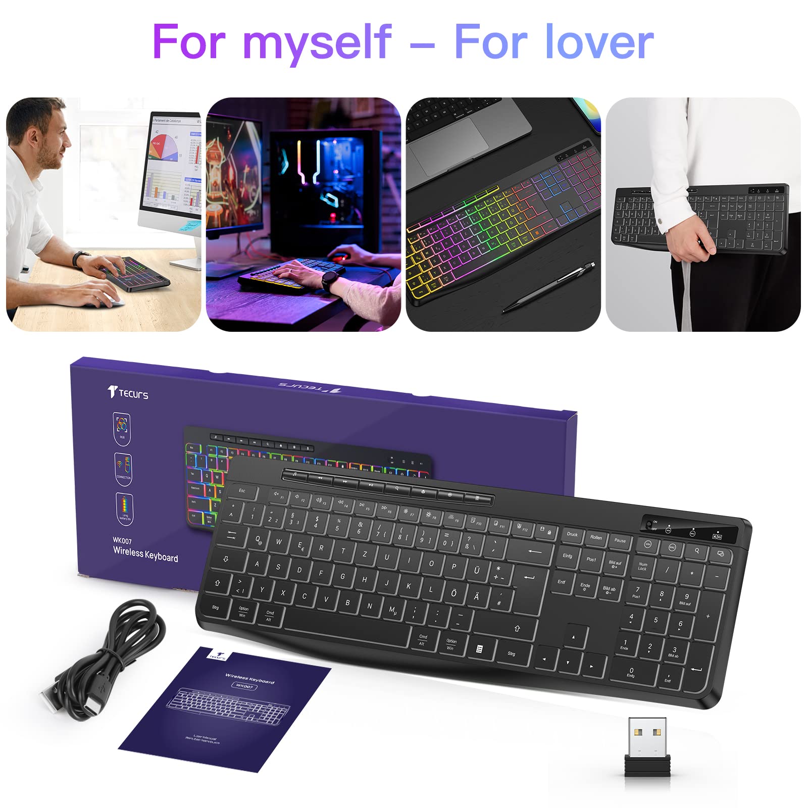 TECURS Tastatur Kabellose Gaming - Leise Tastatur QWERTZ Beleuchtet Ergonomisch Wasserdicht, 2.4Ghz Led Keyboard für Windows/Mac /PS4/ Xbox mit Multimedia-Tasten Schwarz 7