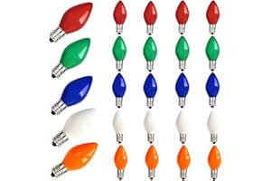Oviejo 25 Pack C7 Replacement Christmas Light Bulbs, Vintage Multicolor Ceramic C7 Glass Christmas Light Bulbs Fits Indoor Outdoor String Lights, C7/E12 Candelabra Base, 5 Watt