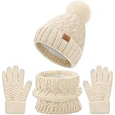 Kids Winter Beanie Hat Gloves Scarf Set, Thick Knitted Warm Toddler Winter Hat Mittens Neck Warmer for Boys Girls