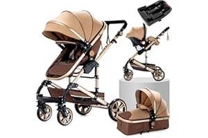 MAGIC ZC 3 in 1 Baby Stroller Travel System, Reversible Newborn Foldable Pram, Infant High Landscape Pushchair, Portable Standard Stroller, Reclining Buggy, Baby Carriage (UDXR001-BEIGE with Base)