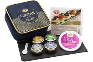 OLMA Noble Caviar Gift Set - 2 oz (56g) of Caviar, Includes Kaluga Royal, Siberian Osetra Aurora, Hackleback, Paddlefish, Serving Spoon & Blinis - Superior Grade Fresh Roe Fish Eggs