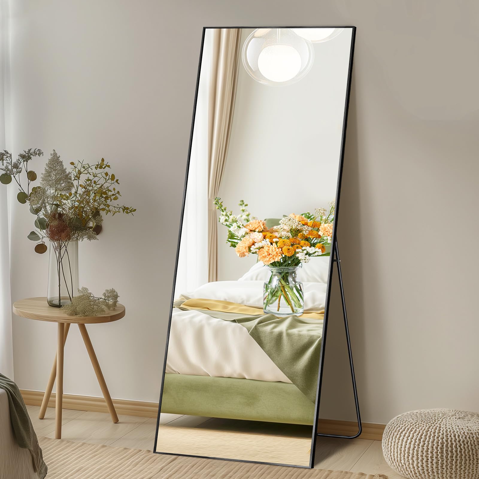 DUMOS Full Length Mirror with Stand 15"x56" Floor Standing Aluminum Frame for Bedroom Body Hanging Leaning Modern Simple Home Decor Shatter-proorf Nano Glass Wall Living Room Cloakroom, Black Image