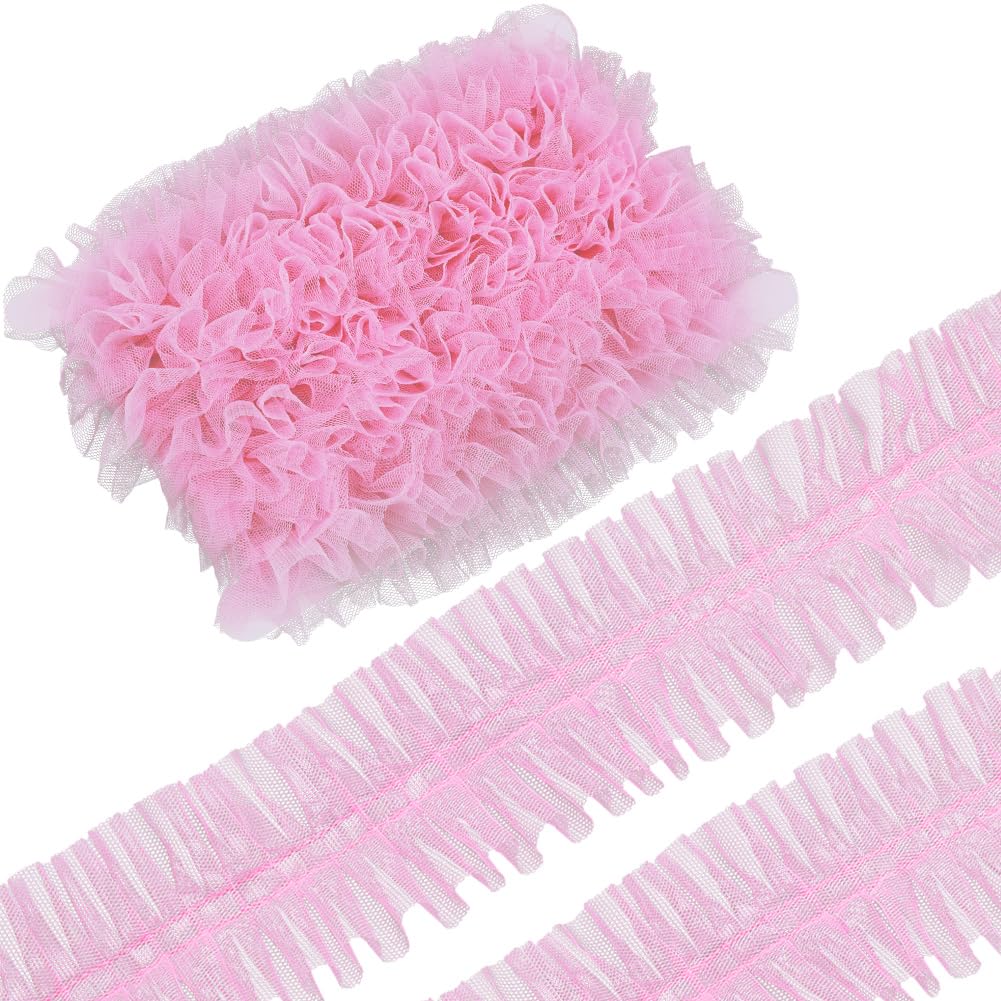 GORGECRAFT 10 Yards 6cm Wide Pleated Lace Trim Embroidery Ruffle Organza Edge Trim Ribbon Gathered Tulle Fabric Applique Edging Trimmings for Sewing Bridal Dress Costume Decoration Craft Pink