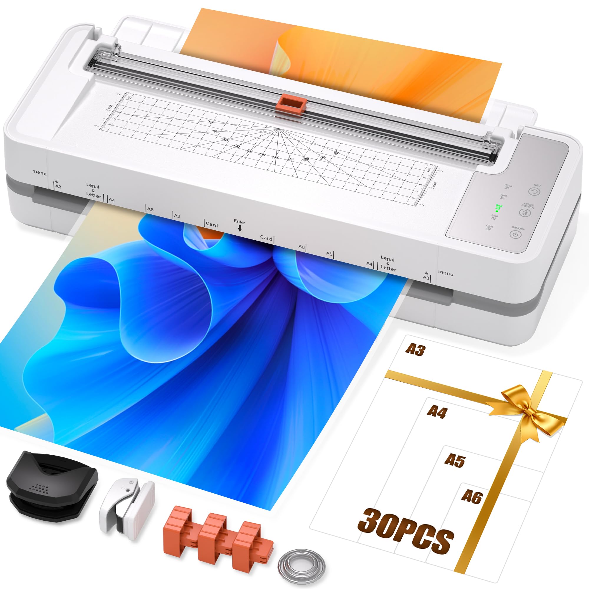 Photo 1 of 13" Commercial 4-Roller Laminator, 3-10 Mil Thickness, Fast 55s Warm-Up & 1000mm/min Speed, for A3 & 11x17, Includes 30 Sheets, for Office/School, White