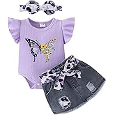 TOKIAGO Baby Girl Summer Clothes Cute Butterfly Printed Romper + Denim Skirt + Headband 3pcs Shorts Set 0-18 Months