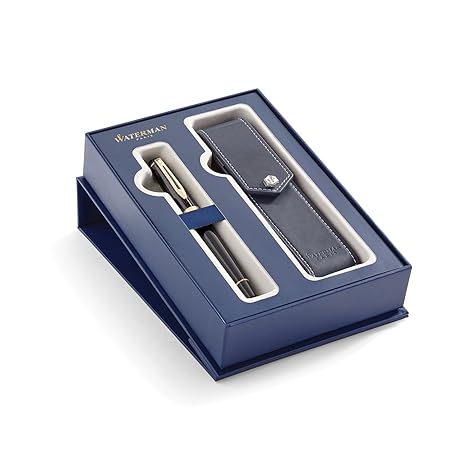 Waterman 2019844 Expert Füllfederhalter in Schwarz mit Goldzierteilen, mittlere Schreibspitze und Etui aus Leder, Geschenkset