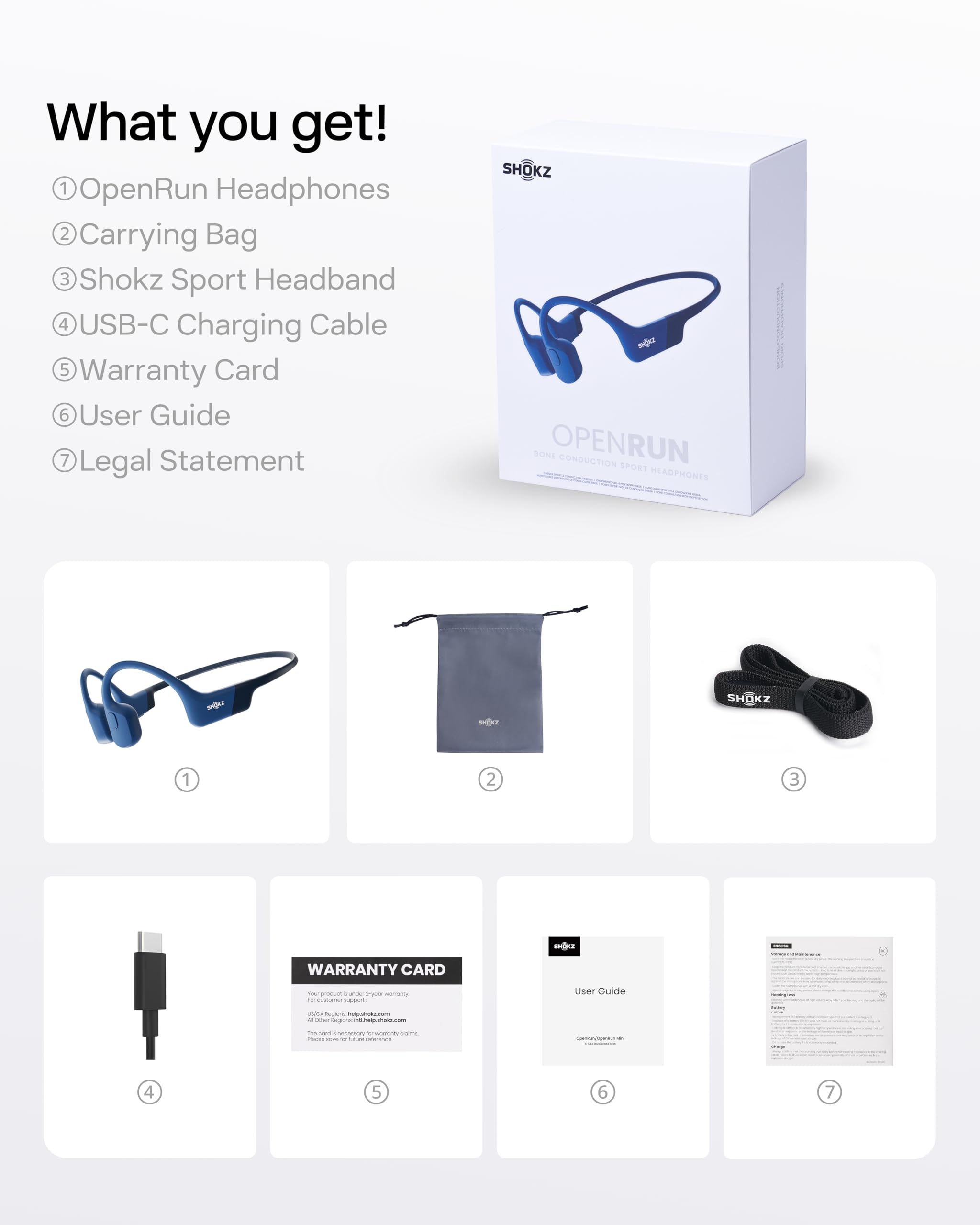 SHOKZ OpenRun with USB-C Charging - Open-Ear Bluetooth Bone Conduction Sport Headphones - Sweat Resistant Wireless Earphones for Workouts and Running - Built-in Mic, with Hair Band - Standard - Blue