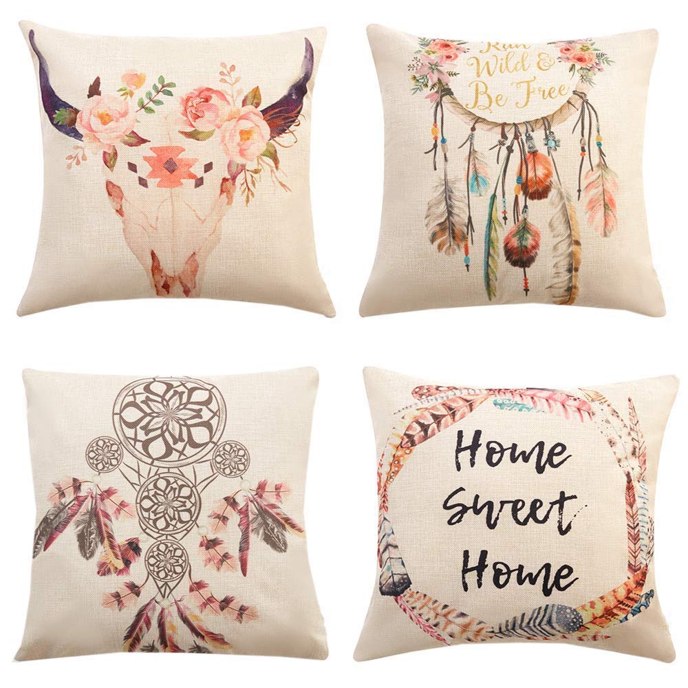 Freeas Dream Catcher Decorative Throw Pillow Covers 18 x 18 Inch Bohemian Style, Set of 4 Cotton Linen Spring Floral Square Pillowcases for Car, Bed, Cushion, Boho Theme Birthday Party Home Decoration