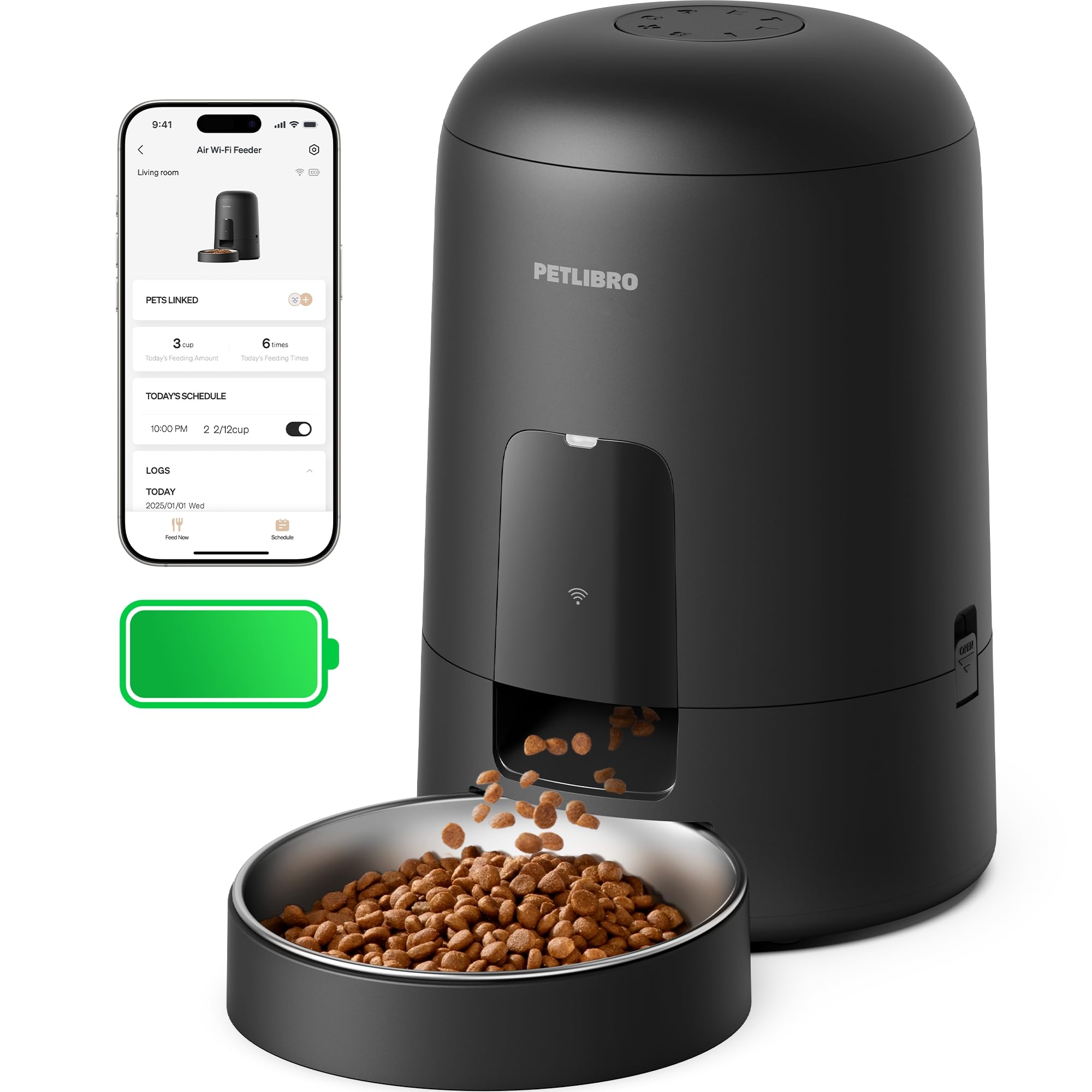 Photo 1 of PETLIBRO Automatic Cat Feeder, Wi-Fi Rechargeable Cats Food Dispenser Battery-Operated with 30-Day Life, AIR 2.4G Wi-Fi Timed Pet Feeder for Cats & Dogs, 2L Auto Cat Feeder, Black