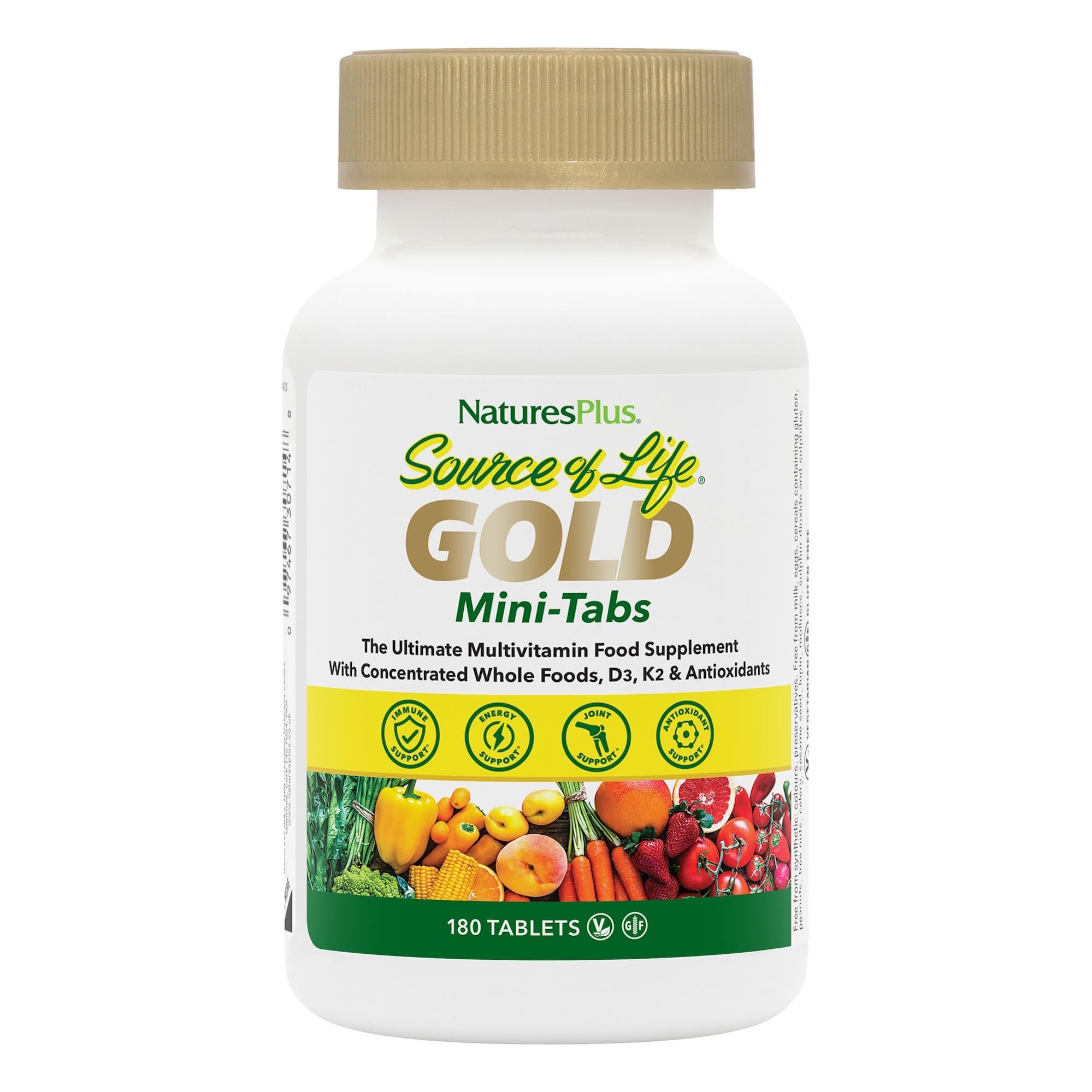 NaturesPlus Source of Life Gold Mini Tablets - All Natural and Complete Whole Food Multivitamin and Minerals - Energy, Immunity and Bone Support - Gluten and Dairy Free, 180 Mini Tablets