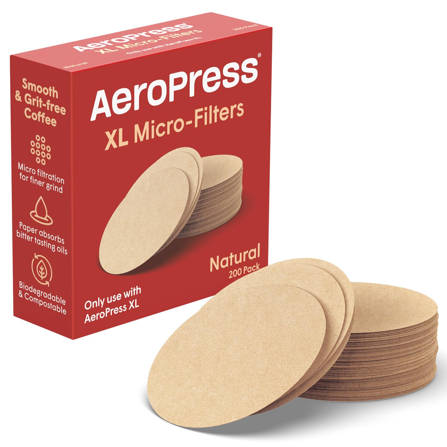 AeroPress XL Natural Paper Microfilters, AeroPress Coffee Filters, Unbleached Round Paper Filters for Coffee Makers, Must-Have Coffee Accessories, XL, 1 Pack, 200 Count