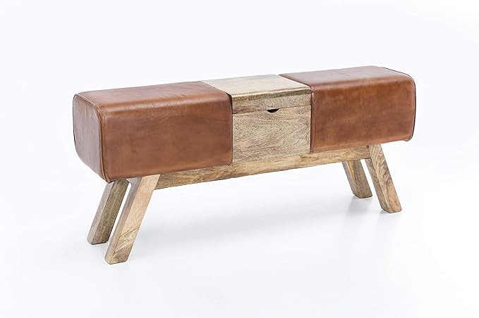 FineBuy Design Turnbock Sitzbank Braun Aufbewahrungsfach 120 x 29 x 53 cm | Turnhocker Bank aus Echtleder Klappfach | Hocker 