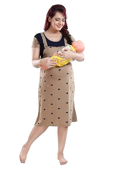 Printed Cotton Feeding/Maternity/Nursing Nighty Beige