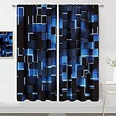 MESHELLY Abstract Blue Black Curtains 42Wx63H Inch Rod Pocket Modern 3D Gradient Design Futuristic Geometric Cubes Bedroom Window Drapes Man Boys Printed Living Room Window Treatment Fabric 2 Panels