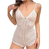 WDIRARA Women's Floral Lace Trim Cami Romper Spaghetti Strap Coquette Pajamas Bodycon Jumpsuit