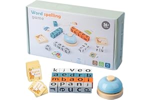 Word Spelling Game, Word Race Spelling Game, with 64 Flash Cards & 20 Wooden Alphabet Blocks, Bell Sound, Sight Words Recogni