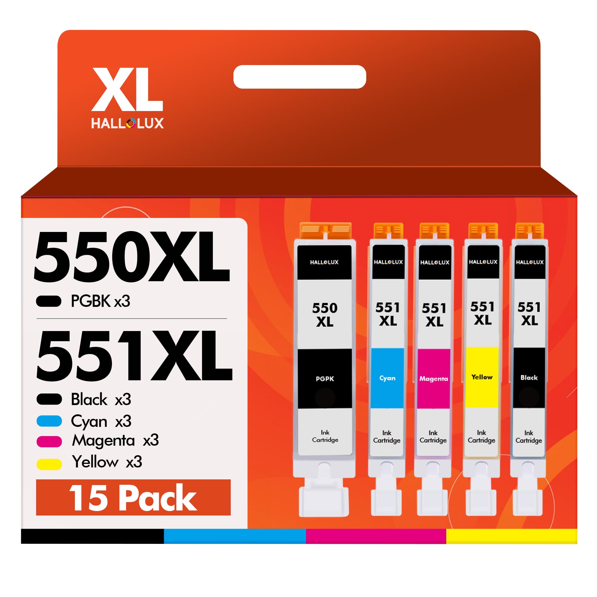 HALLOLUX 550XL 551XL Ink Cartridges High Yield Compatible for Canon PGI-550XL CLI-551XL Pixma MG7550 MG6350 iP7250 MG5650 MG7150 IX6850 MX925 MG7500 MG6450 MG6650 MX725 MX920(PG/B/M/Y/C,15-Pack)