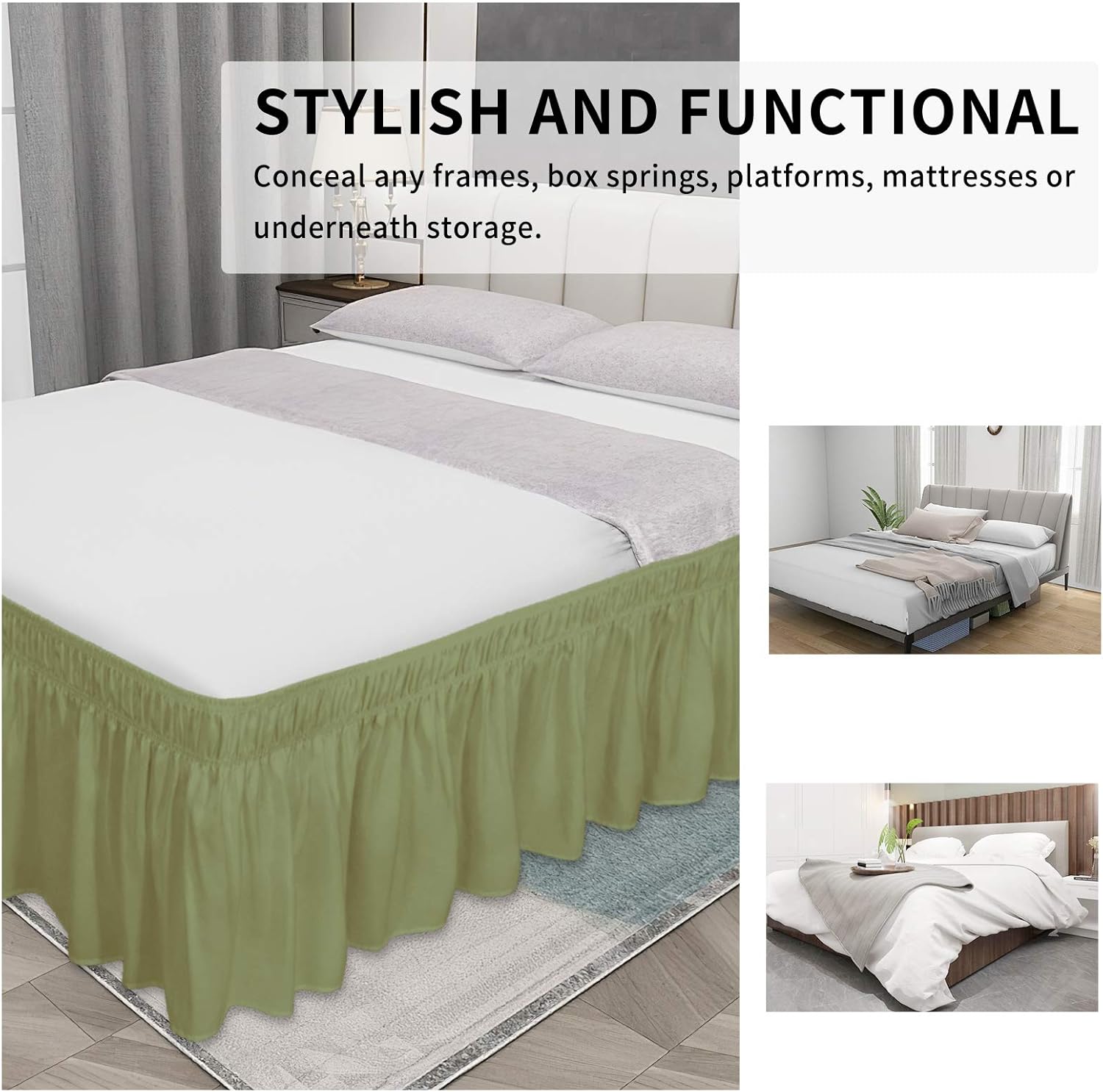 Easy-Going Bed Skirt for Queen or King Size Bed, 14 Inch Tailored Drop, Fitted with Adjustable Elastic Belt, Convenient to Use Without Lift The Mattress (Queen/King, Light Green): Home & Kitchen