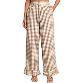 Flygo Women's Gingham Pants Y2K Cotton Wide Leg Ruffle Hem Lounge Pants Plaid Elastic Wasited Trouser with Pockets