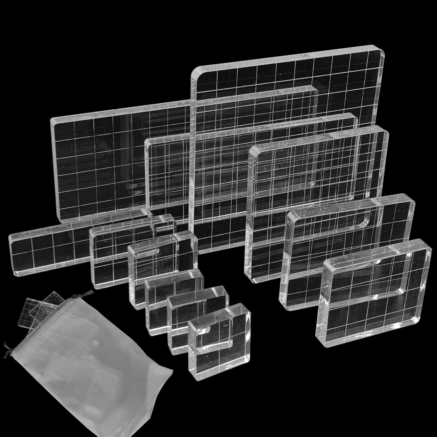 12 Pcs Acrylic Stamp Blocks with Grid Lines - 10 Sizes Clear Holders for Album Scrapbooking Craft Card Decorations