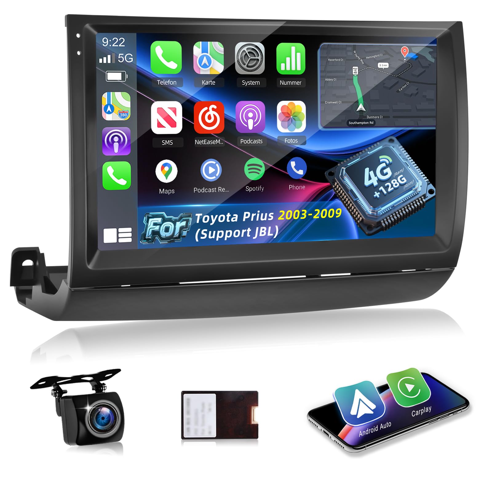 Photo 1 of 4+128G Android Car Stereo for Toyota Prius 2003 2004 2005 2006 2007 2008 2009 (Support JBL) - 9 Inch IPS Touchscreen Radio with Carplay & Android Auto, EQ/WiFi/GPS/SWC + AHD Rear View Camera