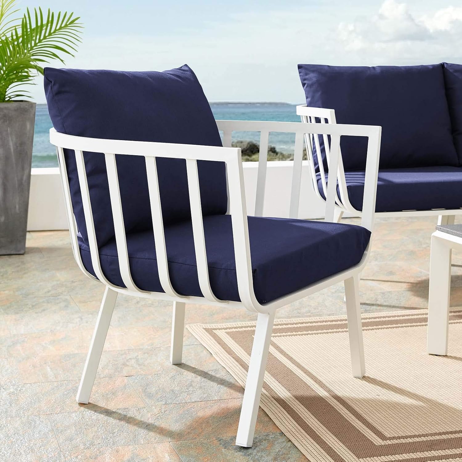 Amazon Com Modway Riverside Patio Aluminum Armchair In White Navy Outdoor Furniture Garden Outdoor