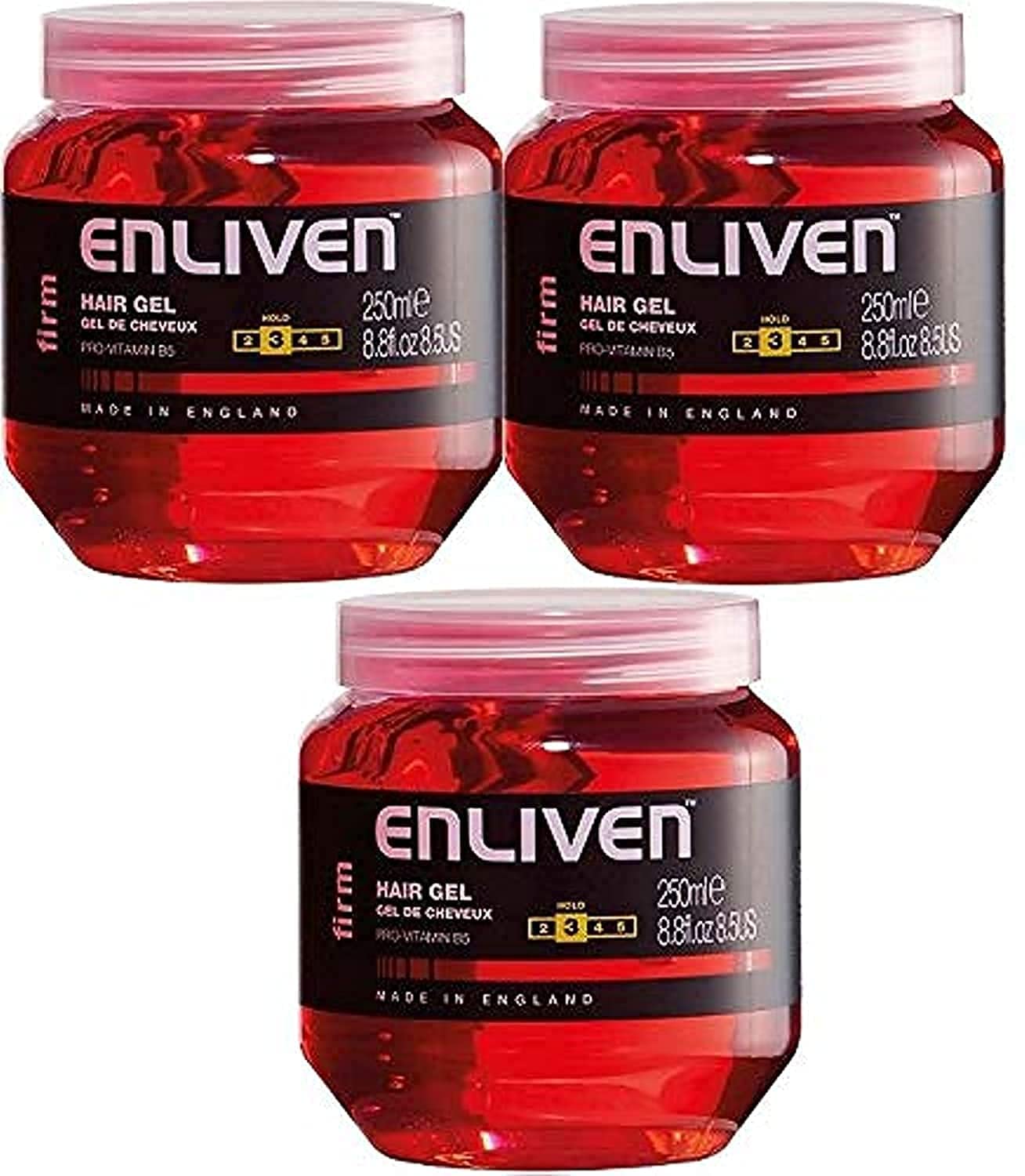 3 X ENLIVEN HAIR GEL WITH PRO VITAMIN B5 FOR WET FIRM MEDIUM HOLD 250ML RED.
