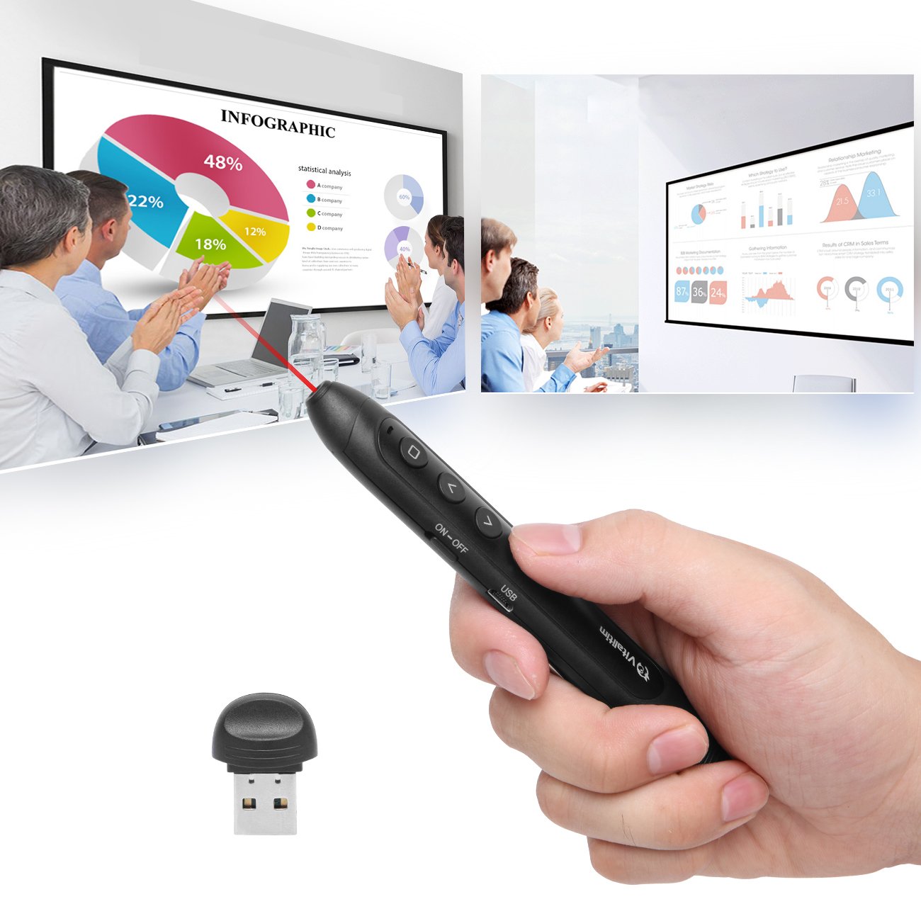 Vitalitim Rechargeable Wireless Presenter, 2.4Ghz Wireless USB Powerpoint PPT Presentation Pointer Remote Control Clicker Pen, Support Hyperlink (BLack)