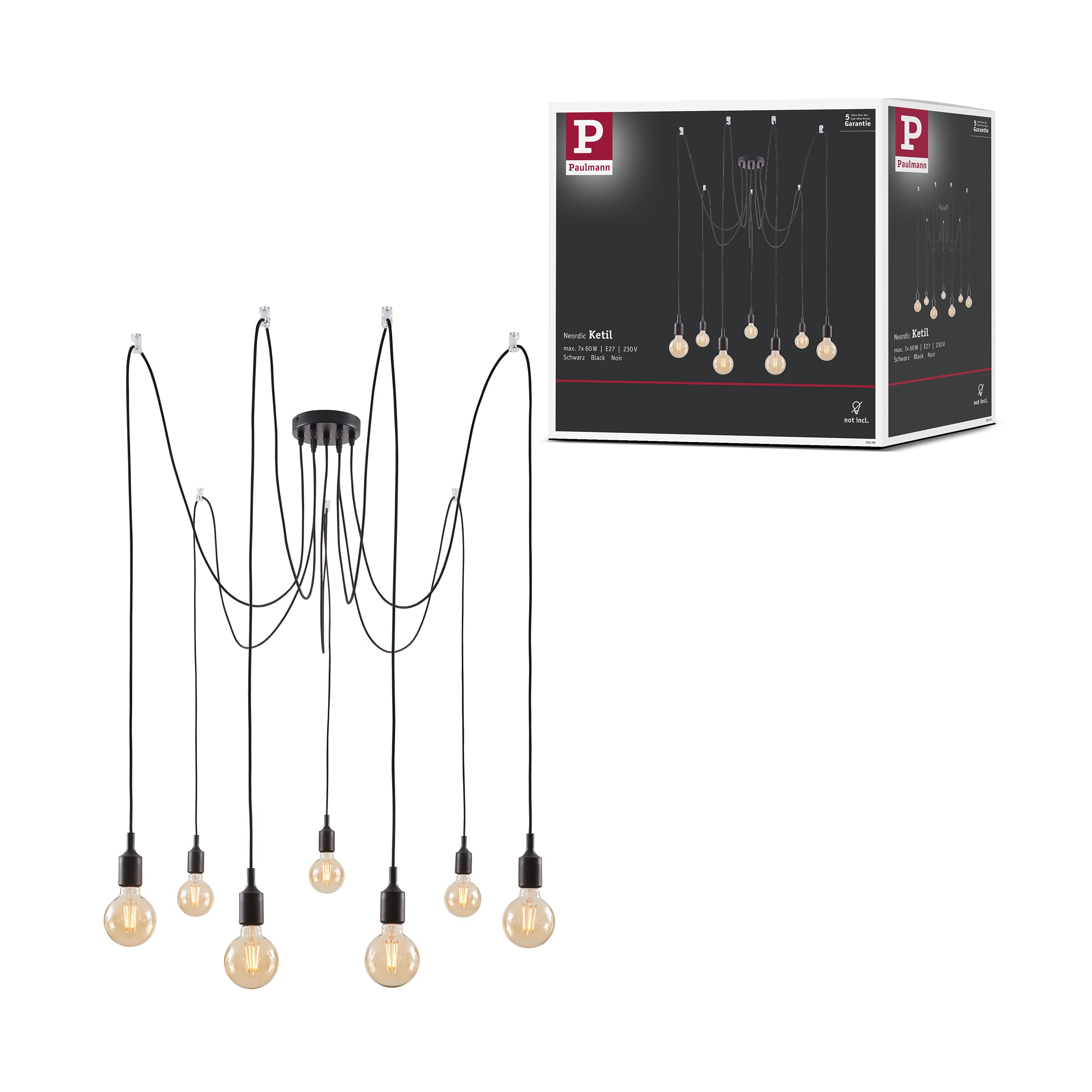 Paulmann 50390 Ketil Neordic Pendant luminaire 7-lamp Sputnik max. 7x20 watts Pendant lamp Black Ceiling lamp Silicone, Metal Pendant luminaire E27