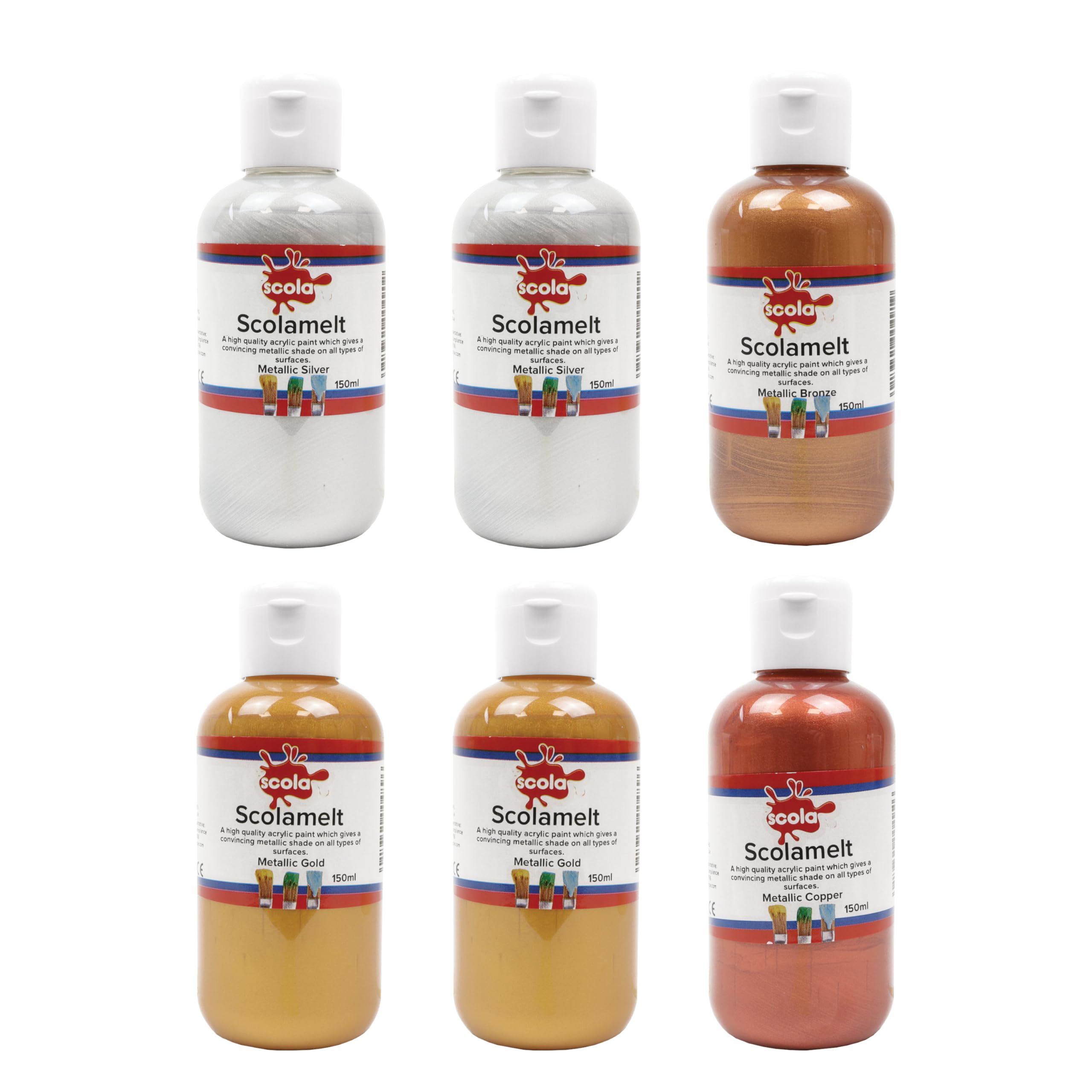 Scola Scolamelt Acrylic, Water-Based, Mixed Surfaces, 6 x 150ml Bottles, Assorted Metallic Colours, School Supplies, Art and Crafts Projects, Children's Craft Projects, For Kids