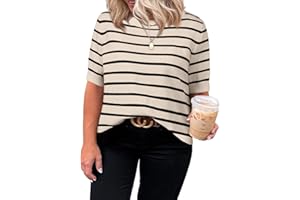 Eytino Women Plus Size Sweater Tops Short Sleeve Crewneck Striped Tshirts Casual Summer Blouses Shirts(1X-5X)