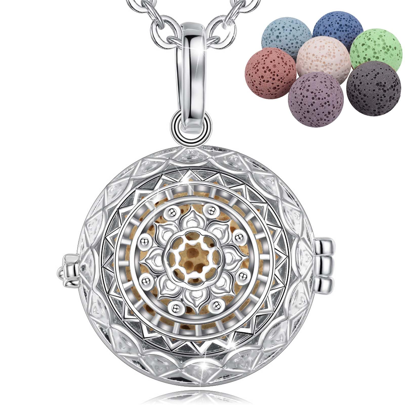 INFUSEU Aromatherapy Necklace Diffuser, Essential Oil Lava Rock Calming Pendant Lotus Flower Silver Plated Locket Anxiety Connect with 5 Pcs Lava Ball Beads And 24" Link Chain Gift for Mum