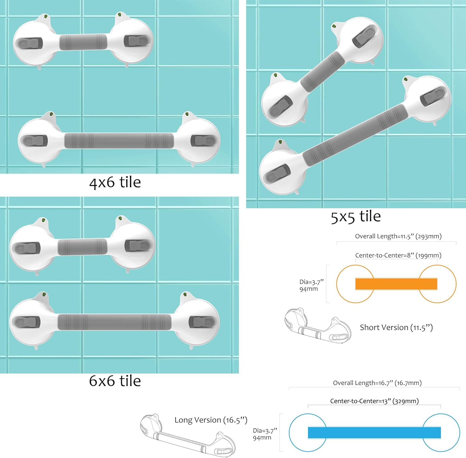 AmeriLuck Suction Bath Grab Bar 16.5" with Indicators, Bathroom Shower Handle (Silver, 2 Pack): Home & Kitchen