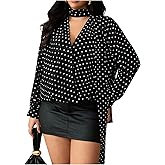 BEAUDRM Women's Plus Size Polka Dots Blouse Deep V Sheer Blouse Chiffon Long Sleeve Shirt