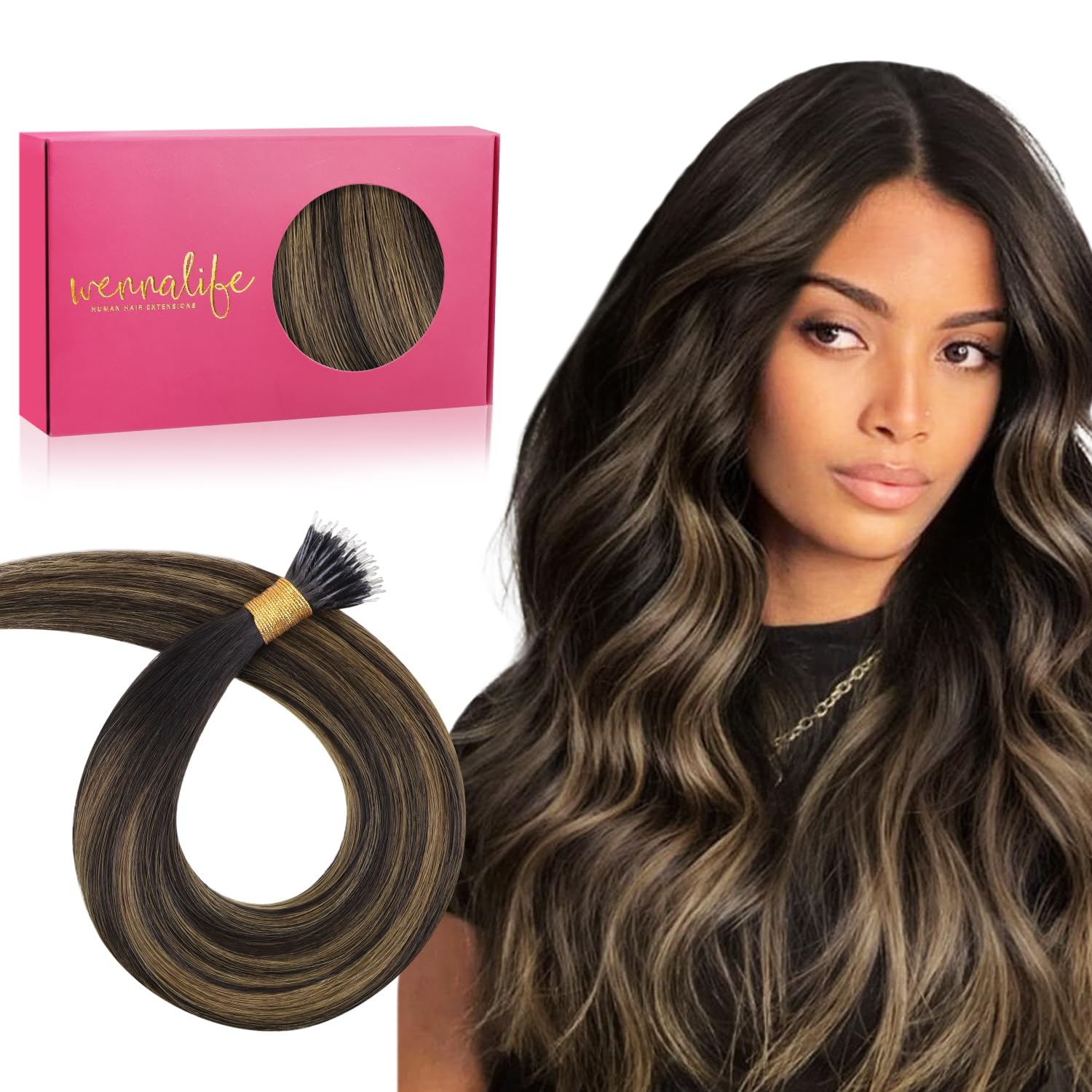 WENNALIFE Nano Hair Extensions Real Human Hair, 16 Inch 50g 100s Balayage Dark Brown Mixed Chestnut Brown Nano Beads Hair Extensions Invisible Nano Ring Real Hair Extensions for Women — image 1