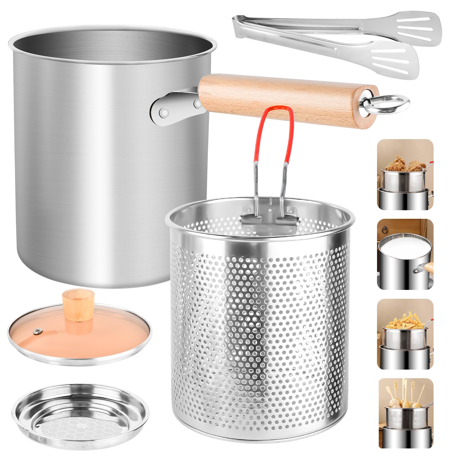 YCCOKJJ Pasta Cooker 3 L Pasta Pot, Spaghetti Pot with Strainer Lid, Frying Basket and Barbecue Tongs, Made of 304 Stainless Steel, Removable Anti-scald Handle, Multifunctional Frying Pot for
