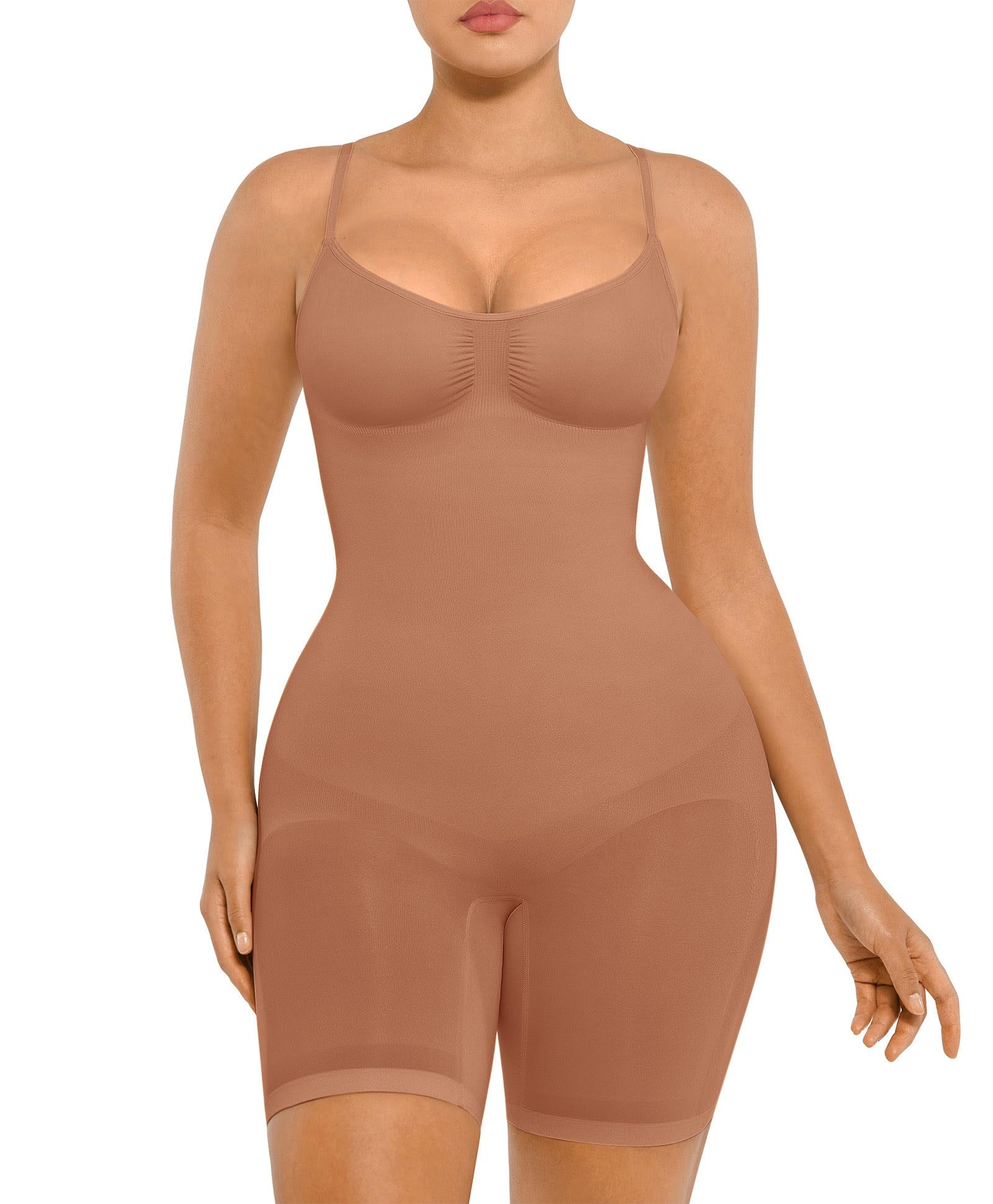 Photo 1 of FeelinGirl Tummy Control Shapewear Bodysuit for Women Seamless Faja Hip Enhancer Thigh Slimmer Body Shaper Cinnamon Brown 3XL/4XL