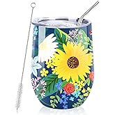 NymphFable 12oz Flower Wine Tumbler with Straw and Lid Stainless Steel Wine Glass Insulated Travel Mug Double Wall