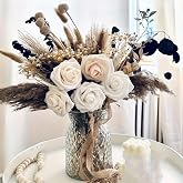 YN HI FLOWER 17 Inch Brown Dried Pampas Grass Bouquet, Faux Roses and Green Eucalyptus Accents, Rustic Boho Floral Arrangemen