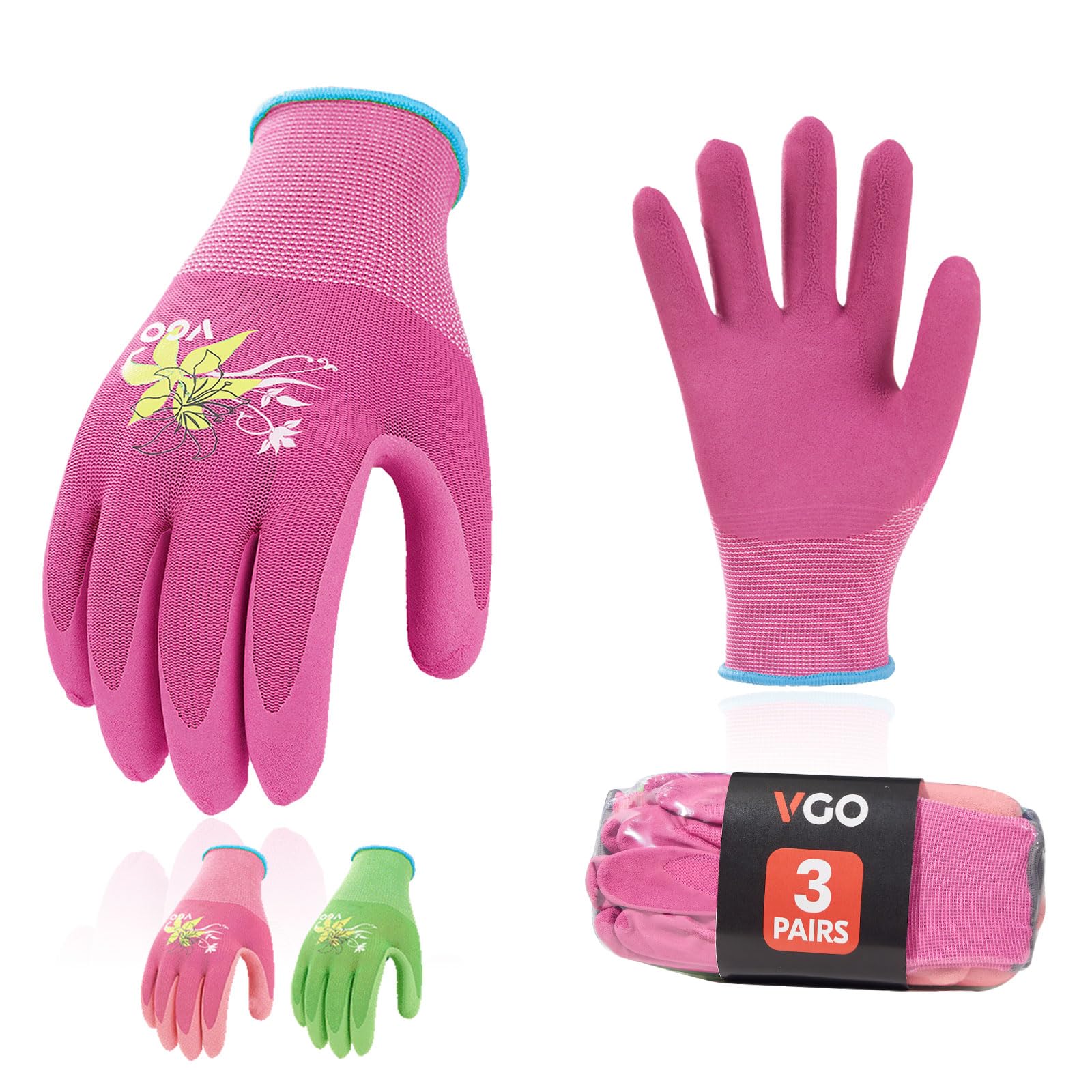 Vgo... 3 pairs Gardening Gloves Women, Utility Safety Working Gloves Ladies Latex Coating Dipping Gloves Anti Slip