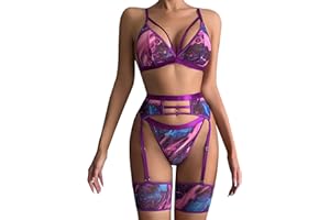 popiv Women's Fishnet Lingerie Sexy Set Lace Bra and Panty Sets with Garter Belt 4 Piece