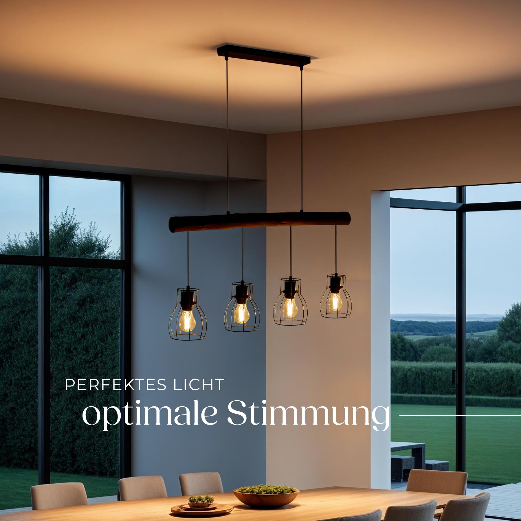 tectake® Pendelleuchte, Lampe hängend 4-flammig, Deckenlampe schwarz mit Holzbalken, Industrial Style Wohnzimmer, Esszimmer Lampe, Wohnzimmerlampe, Flurlampe, Hängelampe Esstisch 7