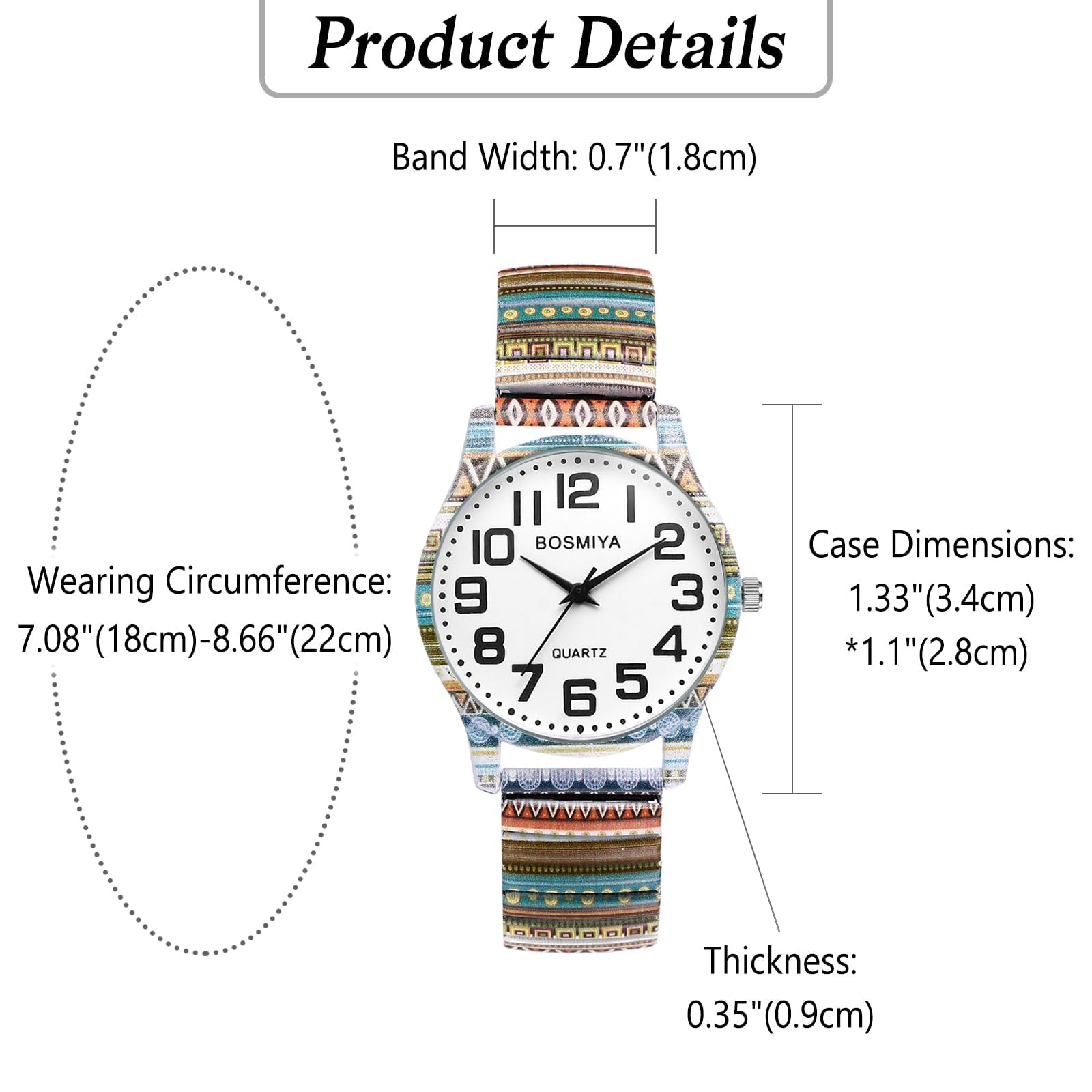 OIDEA Stretch Band Watches for Women: Bohemia Flower Easy Reader Elastic Band Watch Large Face Big Number Analog Quartz Bracelet Watch Expansion Band Wristwatch
