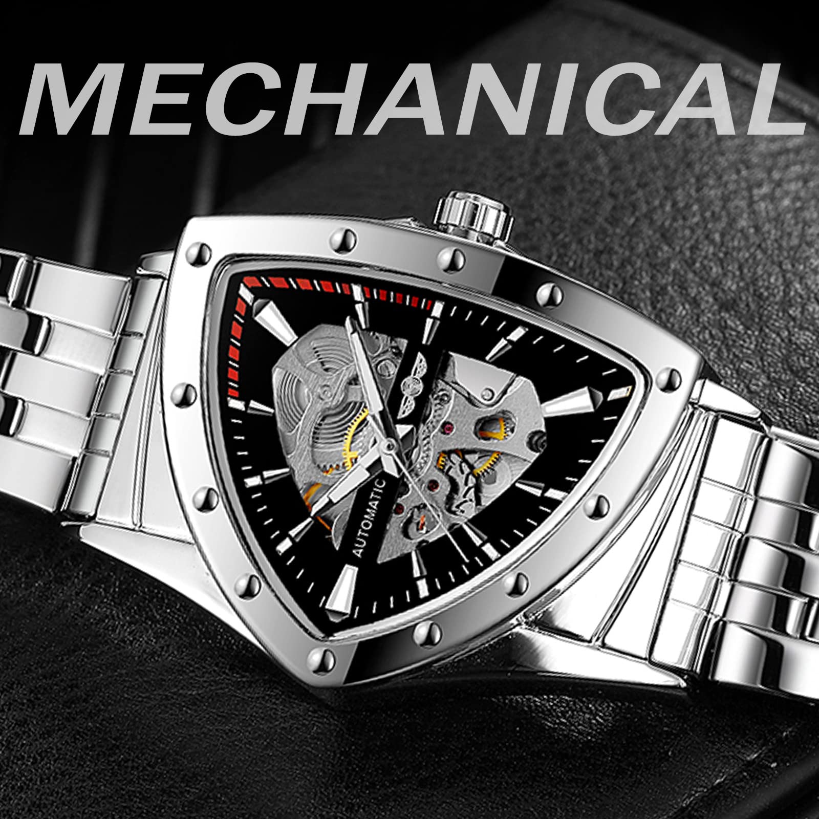 FORSINING Triangle Skelett Herren Automatische Mechanische Uhr Luxus Gold Schwarz Edelstahl Uhren Wasserdicht Leuchtende Sport Armbanduhr, Silber / Schwarz, Modern