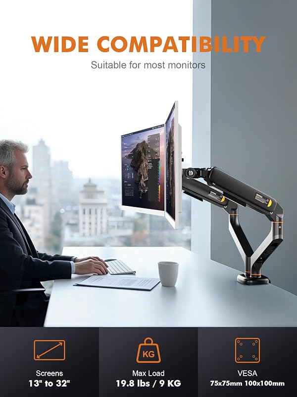 Soporte de Monitor Doble para Pantallas de 13"-27", Brazo de Gas Ajustable, Soporta 2 Monitores, Inclinación, Giro y Rotación con Base de Montaje C-Clamp y Grommet, VESA 75/100mm (MA001-2)