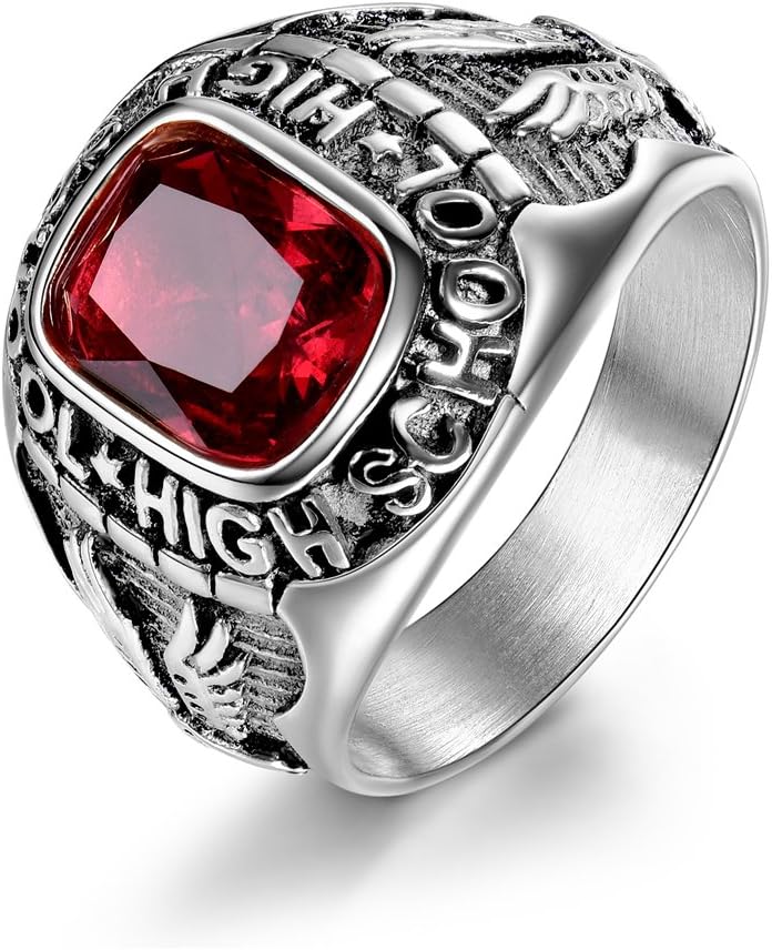 MASOP Retro Eagle Red Ruby Color Crystal Stainless Steel High School Rings for Men Silver Tone Size 8-15