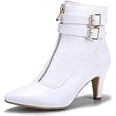 IDIFU Women's Pointed Toe Metal Buckle Two Strap Ankle Booties Side Zipper Kitten Heel Dress Classic Short Boots