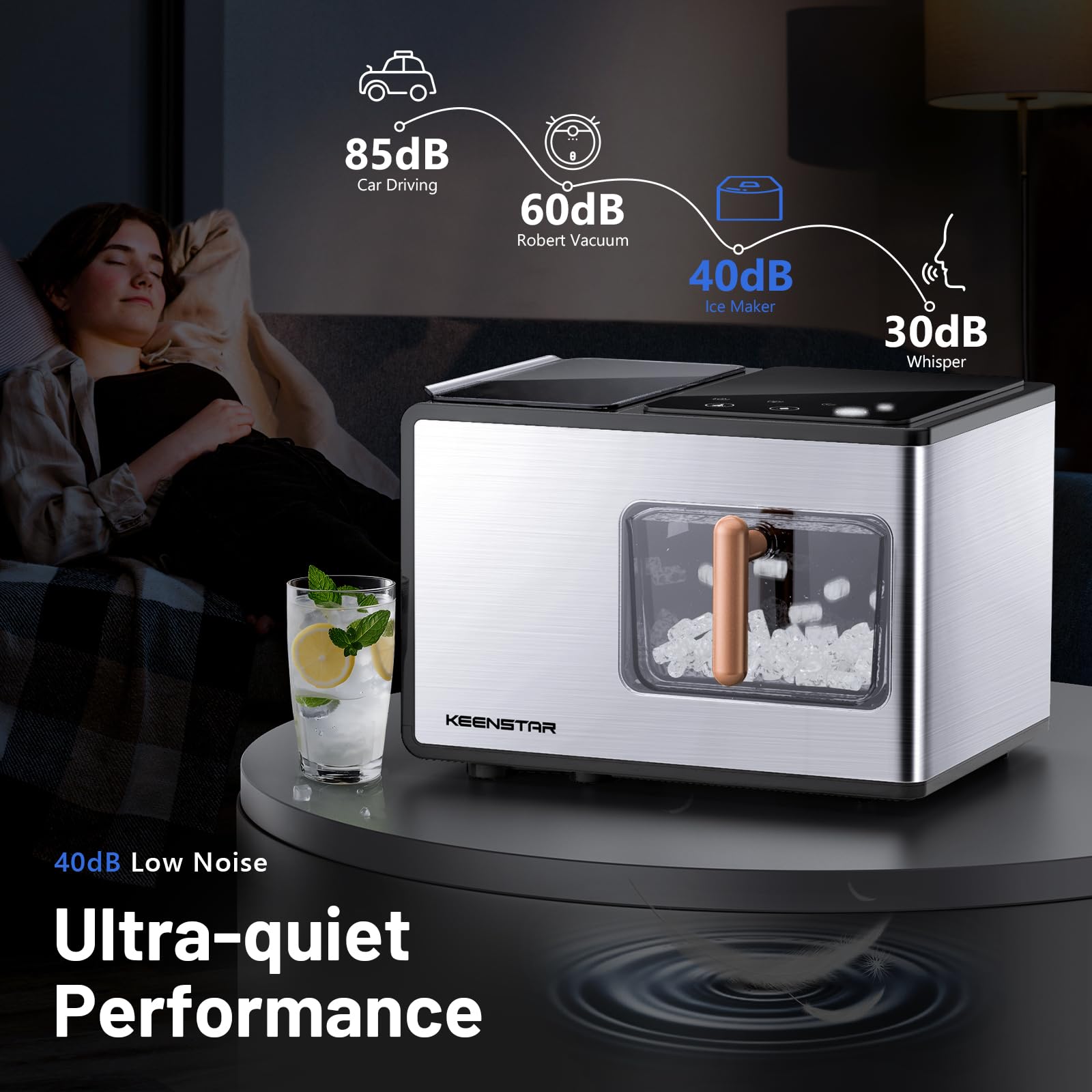 Nugget Ice Maker Countertop, 40lbs/24H, Pebble Ice Maker with Soft Chewable Ice, Self Cleaning Sonic Ice Machine, Stainless Steel w/Touch Screen for Home Office Bar Party- Silver